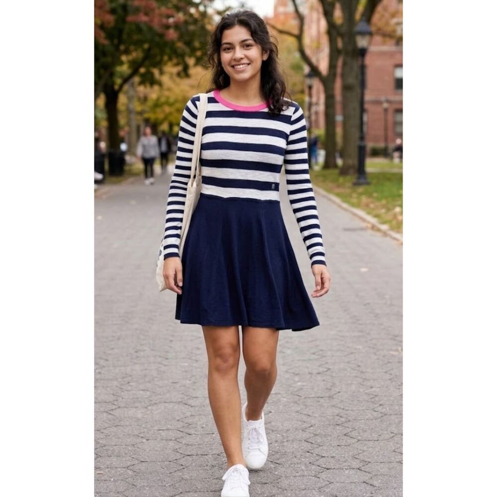 New Express Stripe Blocked Sweater Skater Dress Knit Nautical Womens Size Medium